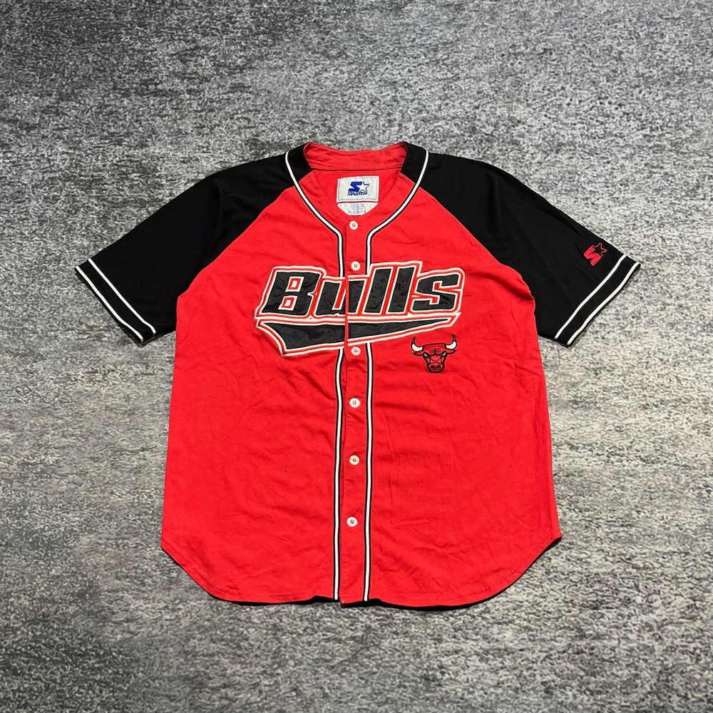 Vintage Chicago Bulls Starter Baseball‎ Jersey Mens XL Red Black Logo Spell Out